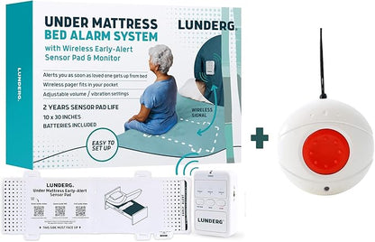 Lunderg Under Mattress Bed Alarm System with Call Button, Wireless Bed Sensor Pad (10" x 30") & Pager - Bed Alarms and Fall Prevention for Elderly