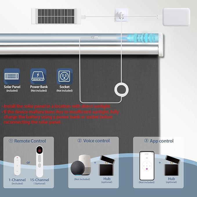 Motorized Blinds with Remote, Smart Blinds with Solar Panel, Thermal Blackout Electric Blinds, Automatic Blinds for Windows Compatible with Alexa, Black-48 x72
