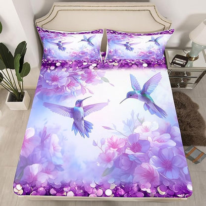 Hummingbird Kids Twin Size Fitted Sheet,Floral Lilac Flower Animal Boys Girls Bed Sheets,Spring Romantic Dreamy Room Decor,Purple Bedding Set,1 Pillowcase(No Flat)