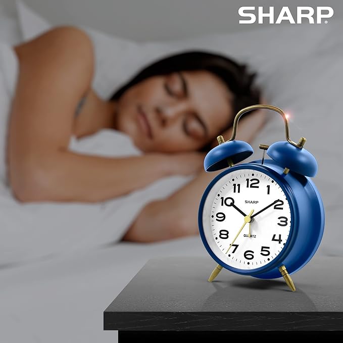Sharp Twin Bell Alarm Clock, Loud Alarm Great for Heavy Sleepers - Stylish Matte Finish with Rustic Bronze Accents, Battery Operated (Matte Navy)