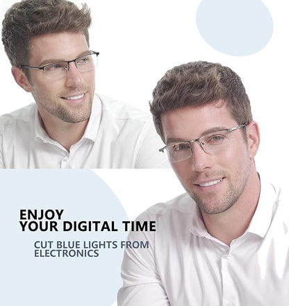 JJWELL 3 Pack Mens Reading Glasses Blue Light Blocking, Metal Rectangle Semi Rimless Readers for Men, Anti Eyestrain/Computer Glare/UV, Half Frame Spring Hinge Eyeglasses with Pouches(2.00)