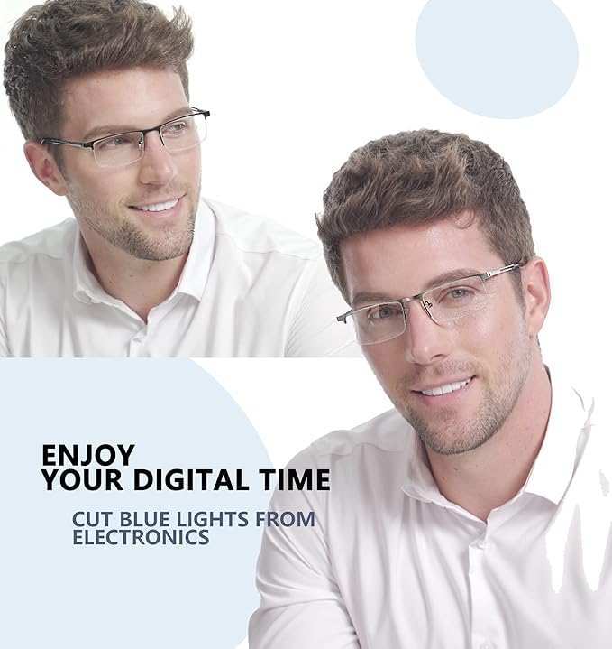 JJWELL 3 Pack Mens Reading Glasses Blue Light Blocking, Metal Rectangle Semi Rimless Readers for Men, Anti Eyestrain/Computer Glare/UV, Half Frame Spring Hinge Eyeglasses with Pouches(1.00)