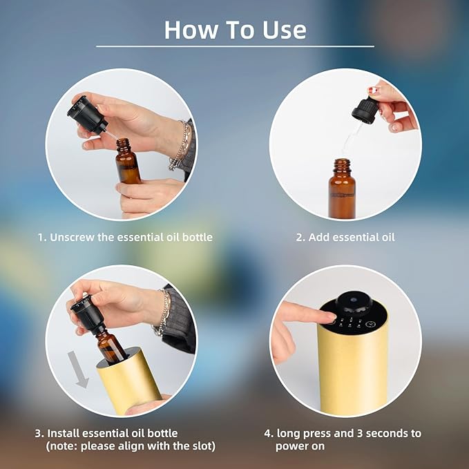 Waterless Essential Oil Diffuser Battery Operated Cordless Aromatherapy Diffuser with Timing & 3 Mist Levels car Diffuser，Black Aluminum Alloy (Gold)