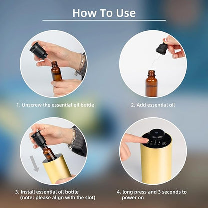 Waterless Essential Oil Diffuser Battery Operated Cordless Aromatherapy Diffuser with Timing & 3 Mist Levels car Diffuser，Black Aluminum Alloy (Gold)