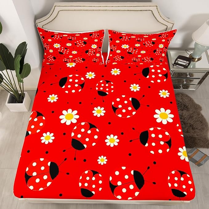 Ladybug Fitted Sheet Twin,Boho Daisy Red Black Polka Dot Bed Sheet 2 Pieces Fits Mattress,Watercolor Flowers Cartoon Decorative Fabric Bedding All-Round Elastic Pocket