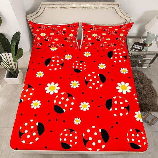 Ladybug Fitted Sheet Queen,Boho Daisy Red Black Polka Dot Bed Sheet 3 Pieces Fits Mattress,Watercolor Flowers Cartoon Decorative Fabric Bedding All-Round Elastic Pocket