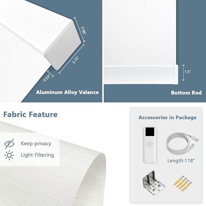 Motorized Blinds with Remote Cordless Automatic Motorized Shades Custom Blinds for Windows Smart Curtains Compatible with Alexa Google Home(Light Filtering Cloud White,W36 x H72in)