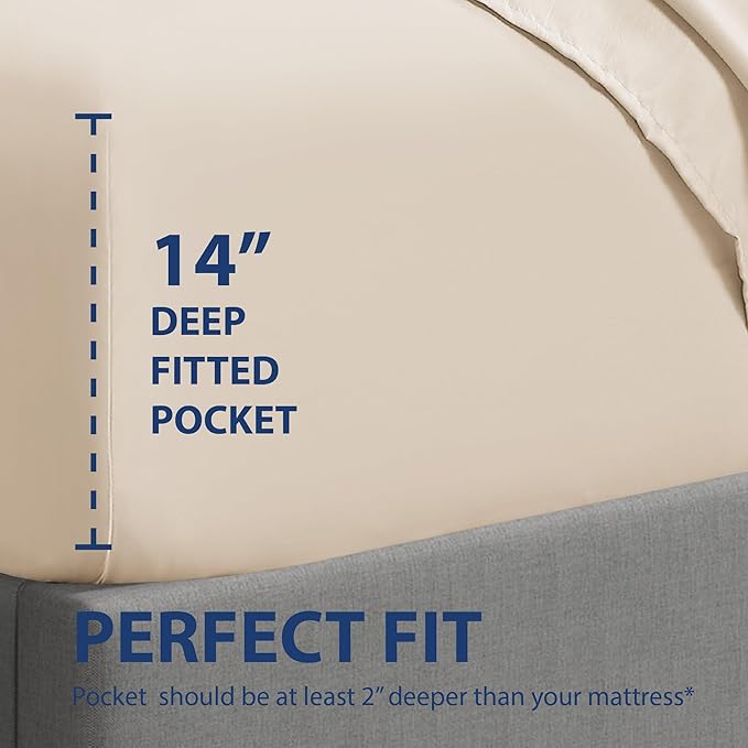 Cathay Home Full Fitted Sheet - Double Brushed Ultra Soft – Wrinkle & Fade Resistant - 14" Standard Pocket Fitted Sheet Only - Good Fit for 12"-16" Deep Mattress (Full, Cream)