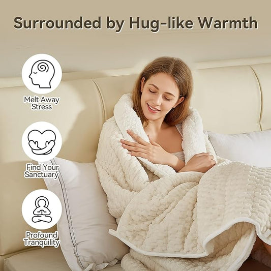 Weighted Blanket Queen Size for Adults,15lbs Jacquard Sherpa Heavy Blanket for Calming and Relax, Dual Sided Ultra Soft Fuzzy Throw Blanket with Glass Beads, 48" x 72", Cream White