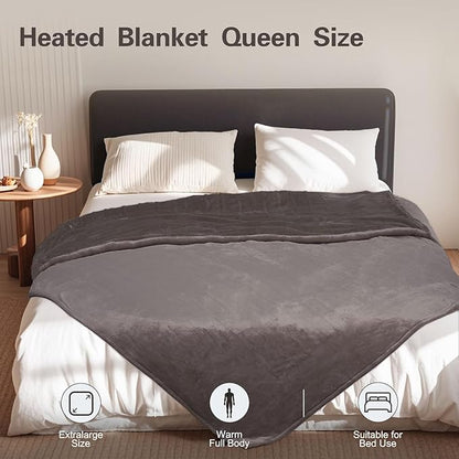 Tefici Heated Blanket Queen Size with Dual Control，Soft Flannel Electric Blanket Queen,Fast Heating with 3 Heat Levels,8 Hours Auto Off,Machine Washable, ETL&FCC Certified，84x90Inch，Gray