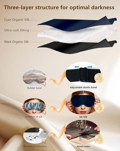 Silk Eye Mask for Sleeping - Soft Breathable Organic Natural Mulberry Silk Fabric Blackout Sleep Mask with Adjustable Straps No Pressure Eye Mask for Travel Essentials Gifts (Navy Blue)