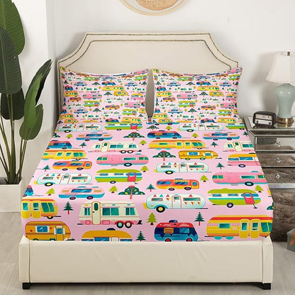 Happy Camping Kids Fitted Sheet Queen Size,Colorful Cartoon Camper Truck RV Trailer Bedding Set,Girls Women Room Decor,Outdoor Adventure Trip Bed Cover,Pink Bed Sheet,2 Pillowcases(No Top Sheet)