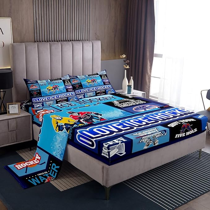 Manfei Hockey Puck Kids Sheet Queen Size, Easy Wash Bedding Set,Geometric Grid Patchwork Kids Room Decor,Blue Sheet(Fitted+Flat+2 Pillowcases)
