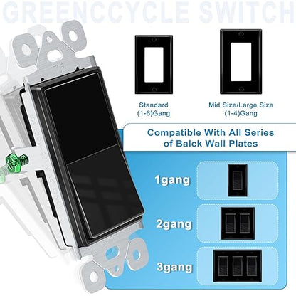 Greencycle Black Single Pole Rocker Light Switch,Paddle Light Switch 15 Amp,Sp Switches White,120V-277V AC,On/Off Wall Switches, Residential/Commercial Grade,Home & Office,UL/CUL,2PK