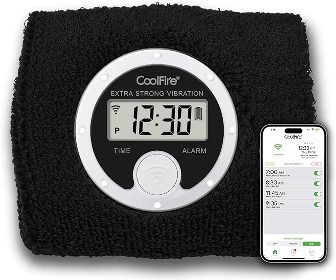 CoolFire Vibrating Alarm Clock Wristband, Silent Wake-Up Watch for Heavy Sleepers, Won’t Disturb Partner, Vibration Alarm Band for Couples/Roommates, Deaf/Hearing Impaired, 4 Alarms, Bluetooth App, Rechargeable (Black)