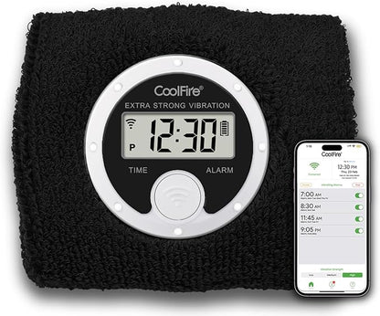 CoolFire Vibrating Alarm Clock Wristband, Silent Wake-Up Watch for Heavy Sleepers, Won’t Disturb Partner, Vibration Alarm Band for Couples/Roommates, Deaf/Hearing Impaired, 4 Alarms, Bluetooth App, Rechargeable (Black)