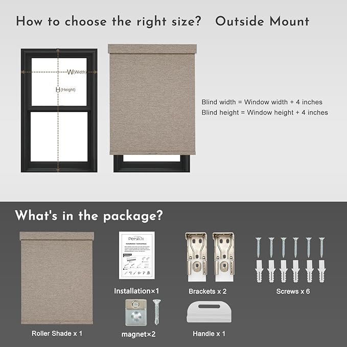 Persilux Blackout Roller Shades for Window Blinds,Cordless,Linen Fabric,Thermal Insulated Fabric UV Protection Shades for Home,Office,Bedroom,Door,Blackout-Light Brown,35" W X 72" H