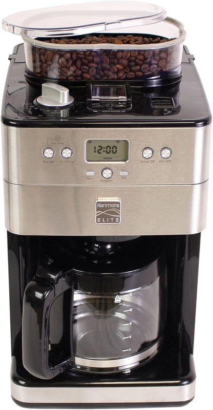 Kenmore Elite Grind and Brew Coffee Maker with Built‑In Burr Grinder, Automatic Drip Machine, 12‑Cup Programmable Brewer, Bean‑to‑Cup Cafetera, Stainless Steel Coffee Maker for Home & Office