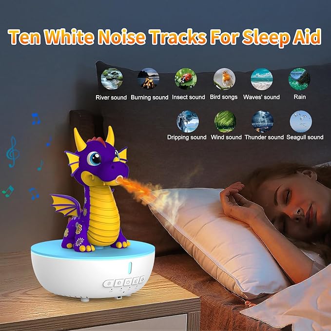 Aromatherapy Dragon Humidifier, 200ML Essential Oil Diffuser with Remote & Timer, White Noise Machine with 10 Soothing Sounds, Cute Small Humidifiers for Kids Bedroom, Home, Office (Purple)