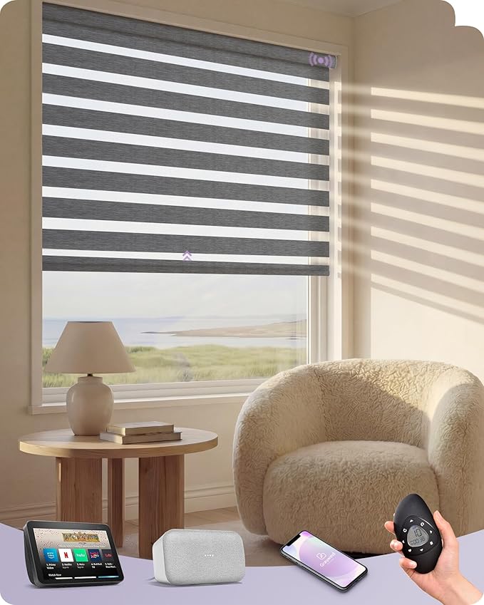 Graywind Motorized Blinds with Remote, Smart Zebra Shades for Windows, Roller Blinds Compatible with Apple Homekit, Alexa, Google Home, Custom Size, Classic - Grey