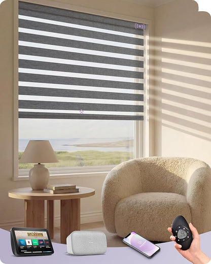 Graywind Motorized Blinds with Remote, Smart Zebra Shades for Windows, Roller Blinds Compatible with Apple Homekit, Alexa, Google Home, Custom Size, Classic - Grey