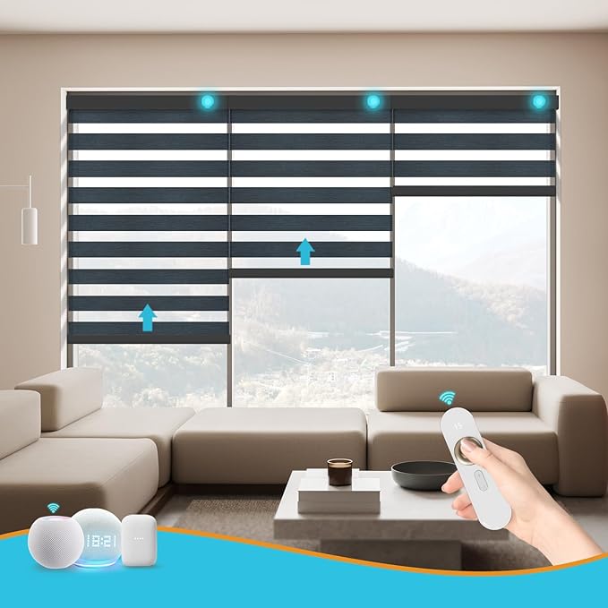 Motorized Zebra Blinds with Remote Smart Blind Work with Homekit Alexa SmartThings Electric Day and Night Shade Cordless Automatic Solar Powered Window Shade Customize(Starry Dark Blue)