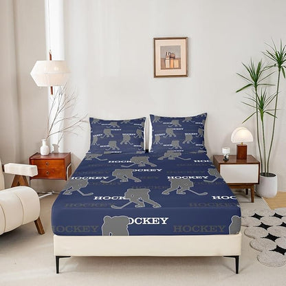 Manfei Hockey Players Kids Sheet King Size, Easy Wash Bedding Set,Competitive Games Teamwork Boys Girls Room Decor,Dark Blue Gray Sheet(Fitted+Flat+2 Pillowcases)