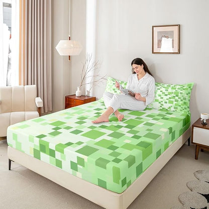 Pixelated Game Kids Full Size Fitted Sheet,Video Games Abstract Gaming Boys Girls Bed Sheets,Geometric Gamepad Square Room Decor,Light Green Bedding Set,2 Pillowcases(No Flat)