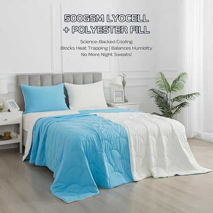 Cooling Blanket for Hot Sleepers - Lightweight Breathable Tencel Blend, Double Sided All-Season Comforter, Temperature Regulating & Machine Washable (Blue+White, King (90''x104''))