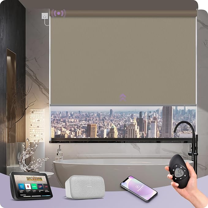 Graywind Motorized Roller Shade 100% Blackout Compatible with Alexa Google Waterproof Vinyl Fabric Remote Control Hardwired Window Shades Window Blinds, Customized Size (Coffee)