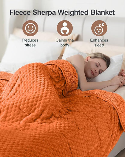 Super Fuzzy Soft Luxury Fleece Sherpa Weighted Blanket 15 lbs for Adults, Turtle Shell Cozy Queen Size Weighted Throw, Ceramic Beads Washable Heavy Blankets for Couch Bed, Orange, 60" x 80"