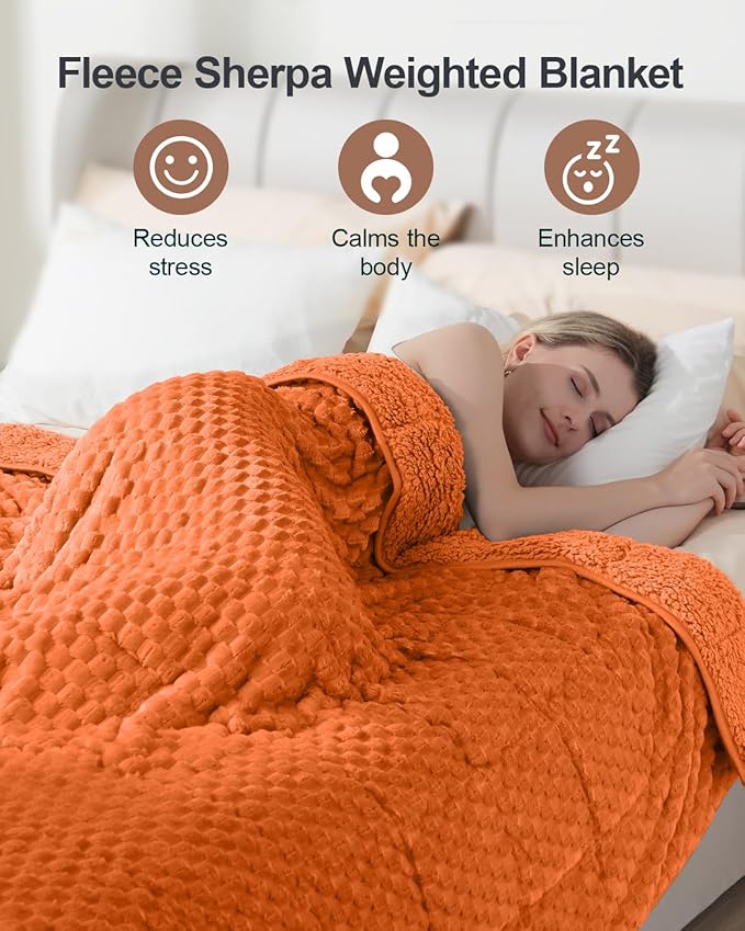 Super Fuzzy Soft Luxury Fleece Sherpa 20 lbs Weighted Blanket for Adults, Turtle Shell Cozy Warm Queen Weighted Throw for Winter, Ceramic Beads Washable Heavy Blankets for Couch Bed, Orange, 60" x 80"