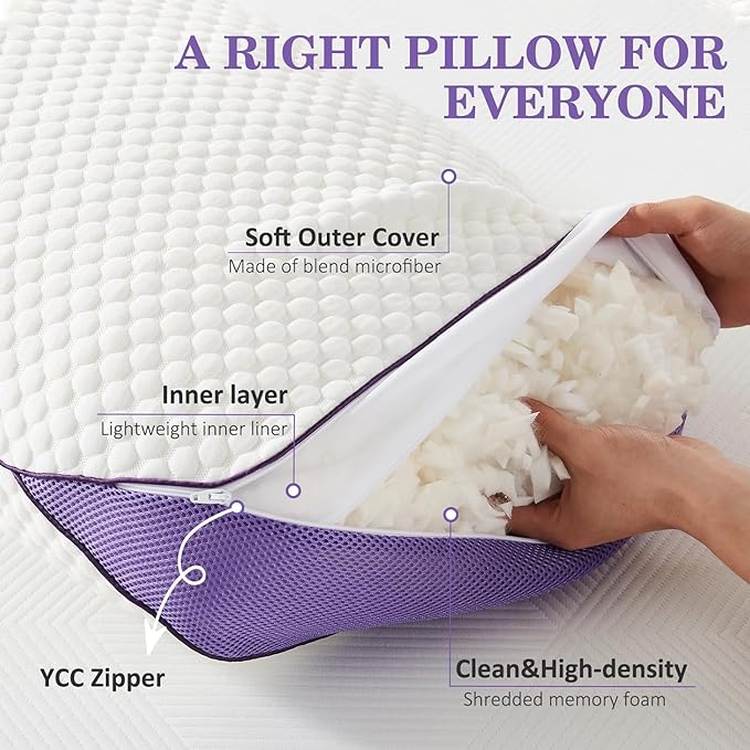 HOMELAB Adjustable Shredded Memory Foam Pillow King Size, Cooling Bed Pillow for Sleeping with Removable Cover, Medium Pillow for Side Stomach & Back Sleepers, 1 Pack 20"x34"