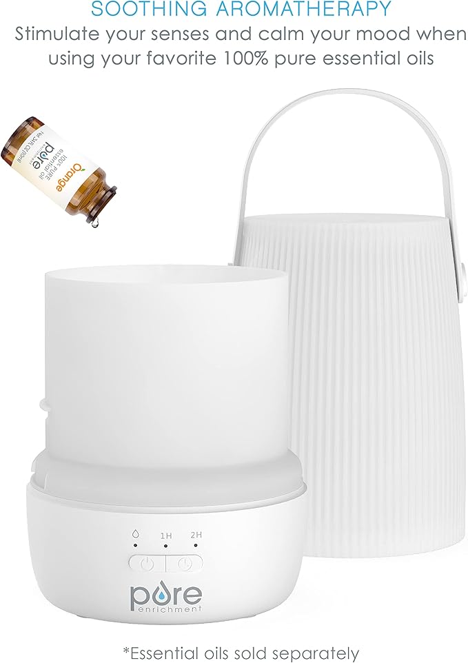 Pure Enrichment PureSpa Zen Cordless Essential Oil Diffuser & Light - Portable Travel-Friendly Aroma Diffuser Lasts 7.5 Hrs, Optional Mood Light, 2 Mist Settings, Optional Timer, & Auto Shut-Off