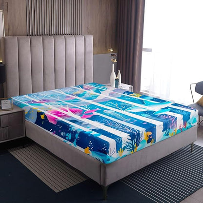 Ocean Kids Twin Size Fitted Sheet,Seaweed Underwater World Boys Girls Bed Sheets,Sealife Shark Nautical Room Decor,Blue Bedding Set,1 Pillowcase(No Flat)