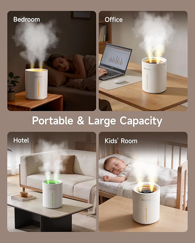 SP SpacePlayer Wireless Humidifier for Bedroom Large Room, 3L Top Fill Cool Mist Ultrasonic, 4000mAh Rechargeable (Cordless), 4 Modes, 23-28dB Quiet, 8H Timer Auto-Off, BPA-Free, Easy Fill Clean