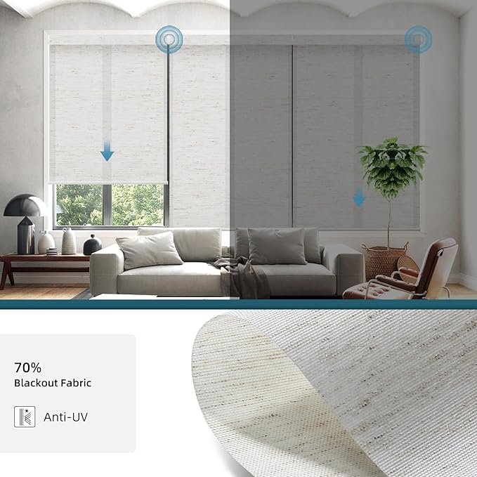 Motorized Light Filtering Roll Shades Work with HomeKit, 70% Blackout Automatic Blinds for Windows, Smart Shades with Remote, APP/Voice Control, Smart Home Motorized Blinds,Linen White