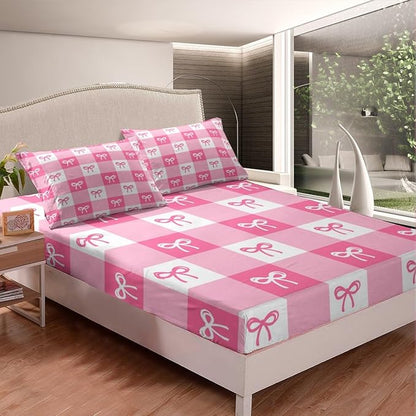 Kawaii Bow Fitted Sheet Dreamy Princess Bowknot Hand Graffiti Bed Sheet Set for Kids Children Teens Geometric Pink White Stripes Plaids Patchwork Bed Cover Toddler Bedroom Decor,Twin Size