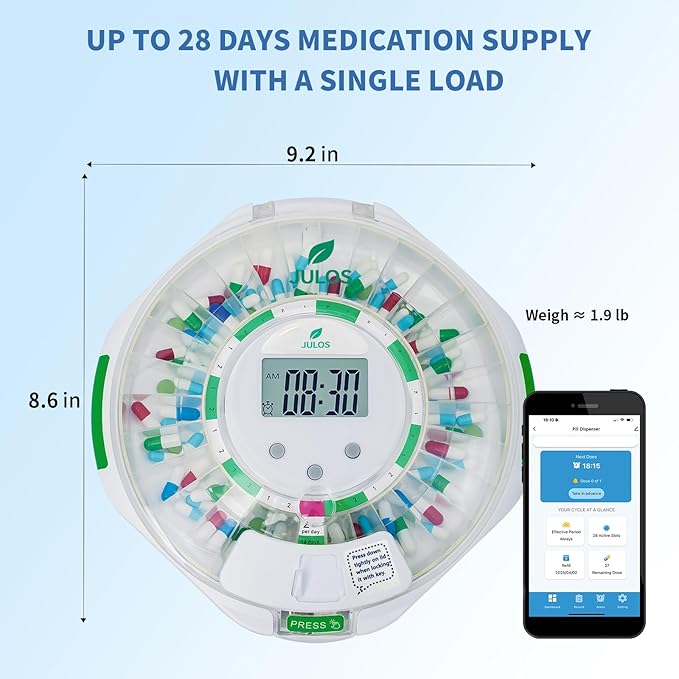 JULOS Bluetooth 28-Day Automatic Pill Dispenser with Lock, Medication Organizer up to 9 Alarms/Day, Sound & Light Alarms, Ezi-Read LCD & App Alert for Prescriptions, Vitamins, Clear Lid