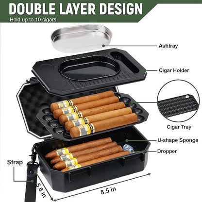 Bald Eagle Travel Cigar Case, Humidor Box with Ash Tray, Portable Case with Humidifier Hygrometer, Highly Airtight, Hold 10 Cigars