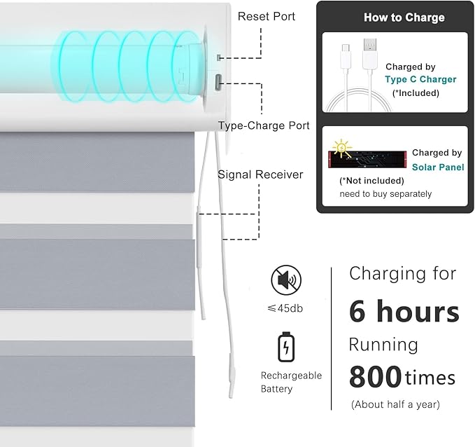 Changshade Blackout Motorized Smart Zebra Blinds with Remote Control for Indoor Windows Doors, Custom Zebra Roller Shades Electric Automatic Work with Alexa, Goole Home, Apple Homekit, Dark Grey