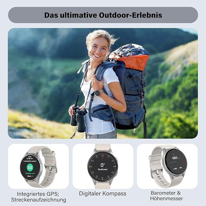 Smart Watch for Women, Built-in Alexa, GPS, HRV, VO2 Max, Blood Oxygen, Sleep & Stress Monitor, BT Calling, Compass, Altimeter, 1.32" AMOLED, Fitness & Women’s Health, Waterproof, iPhone Compatible