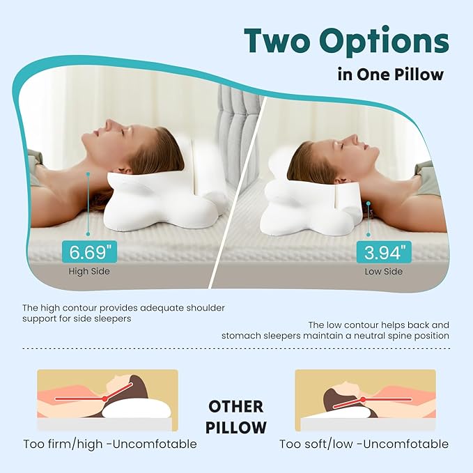 Sweetcrispy Cervical Neck Pillow - Contour Memory Foam Pillow for Neck Pain Relief with Cooling Pillowcase, Ergonomic Orthopedic Support for Side Back Stomach Sleepers, White
