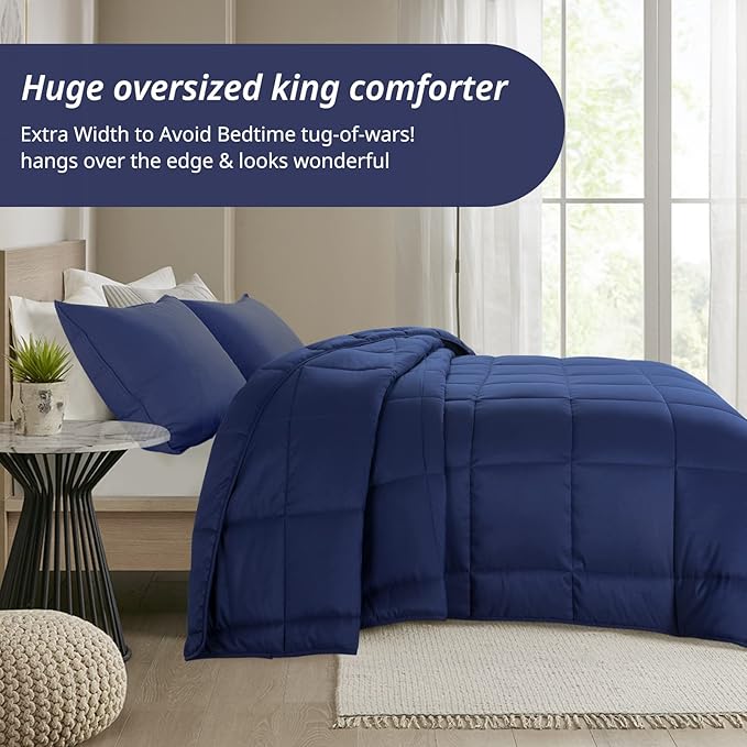 HOMBYS Oversized King Comforter 128x120, Lightweight Quilted Down Alternative Duvet Insert for All Season,Navy Blue,8 Corner Tabs