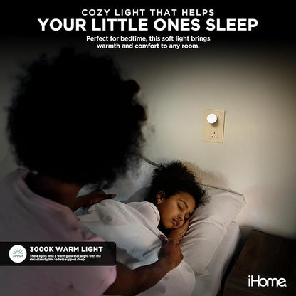 iHome Plug-in LED Night Lights 4-Pack, Dusk-to-Dawn Sensor, 3000K Warm Glow, Energy Saving, Great for Bedrooms, Hallways, Closets, Stairs, Kids’ Rooms (4-Pack White Lights)