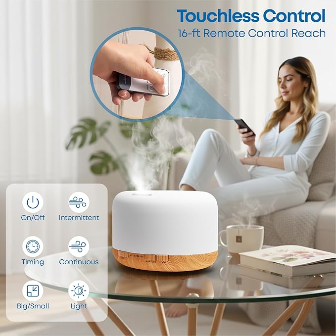 500ml Premium Essential Oil Diffuser, 5-in-1 Ultrasonic Aromatherapy Humidifier & Scent Vaporizer, Timer & Auto-Off, Remote, Brown with Oils Gift Pack - Natural Blend (Natural)