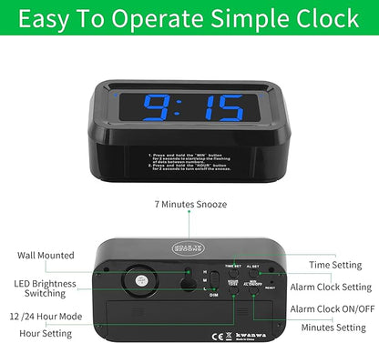 KWANWA Small Digital Alarm Clock, 1.2inch Dark Blue LED Digits, Adjustable Brightness, Dim Night Model, 12H/24H, Battery Operated, Wall Mount, Snooze, Clock for Kids Bedroom, Small Travel Clock