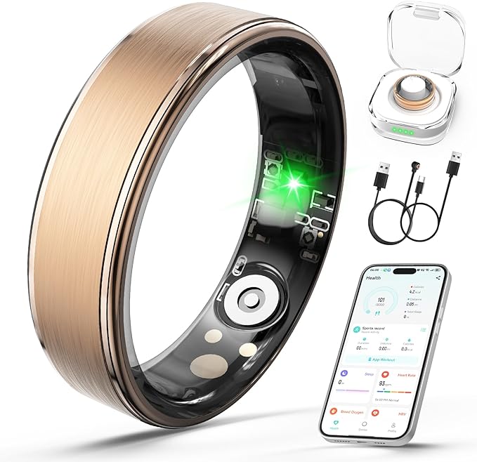 Smart Ring for Women Men, Health Fitness Tracker Ring with Heart Rate/Sleep Tracker/Blood Oxygen/HRV/Stress/Calorie/Steps, IP68 Waterproof for iOS & Android, No APP Fees(Rose Gold,13#)