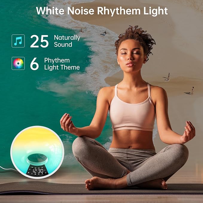 FTVOGUE Sunrise Alarm Clock Smart Wake Up Clock for Bedroom with 7 Colors Ambient Light Nature Sounds 4 Alarms and Snooze Mode (US Plug 100 to 240V)