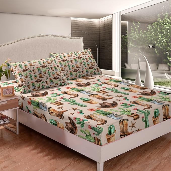 Western Cowboy Full Size Fitted Sheet,American Tribal Boots Hats Retro Texas Star 3 Pieces Kids Teenager Room Decor Natural Desert Cactus Rustic Brown Pocket 2 Pillowcases